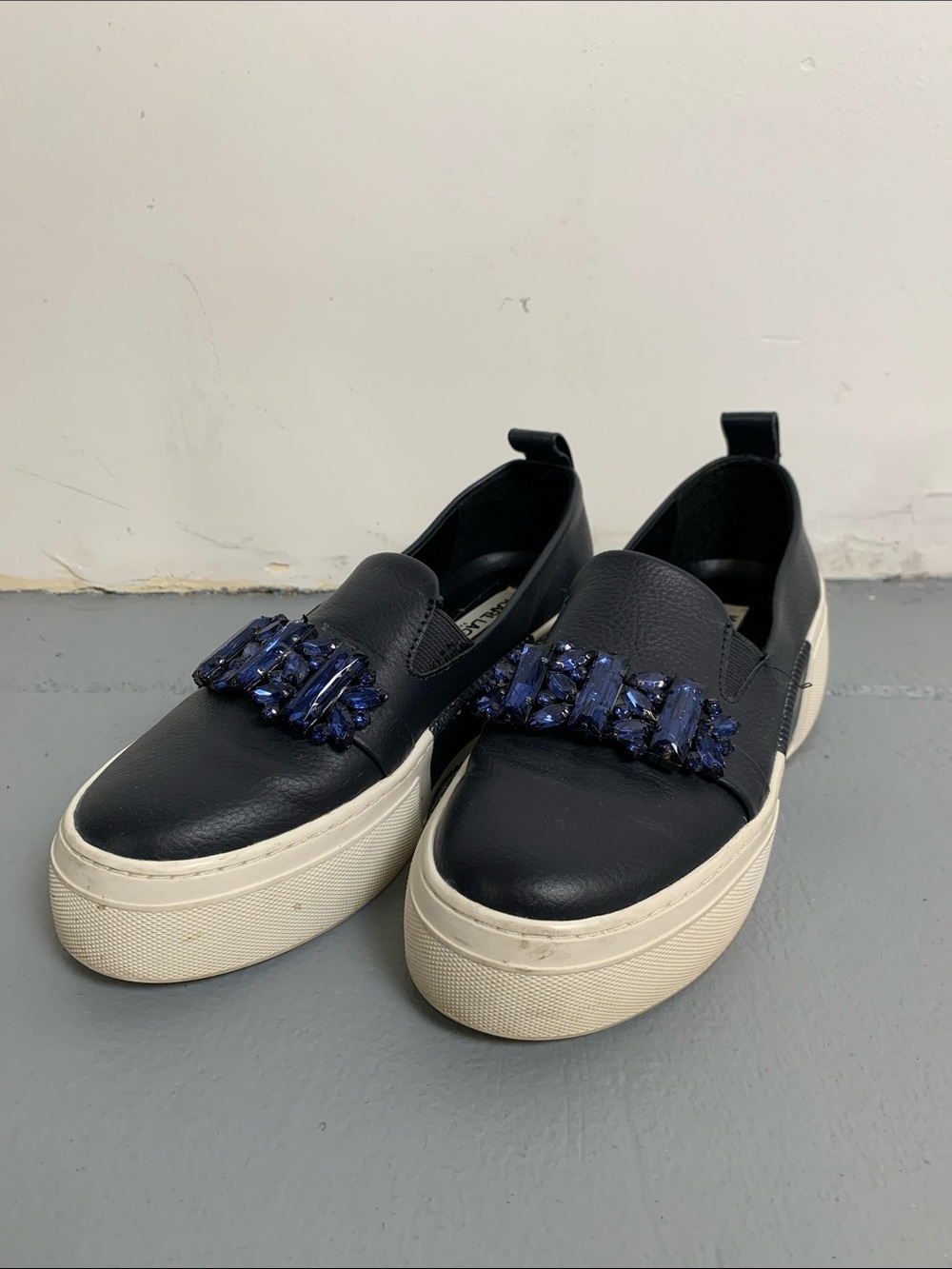 Black Slip-On Platform Sneakers with Blue Crystal Trim